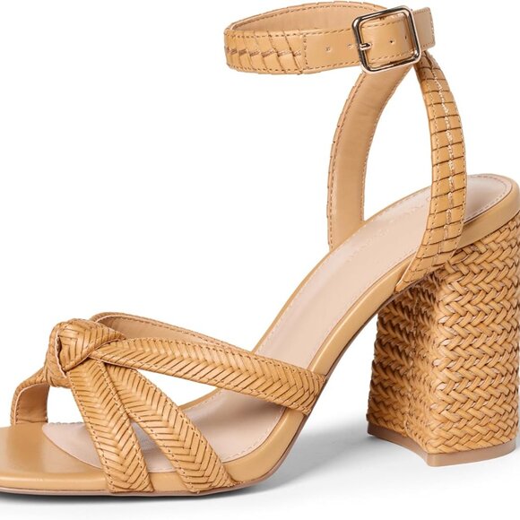 Women's Woven Chunky Heel Sandals 3.6in Block Toe Summer Shoes Size 8.5 - Picture 1 of 7